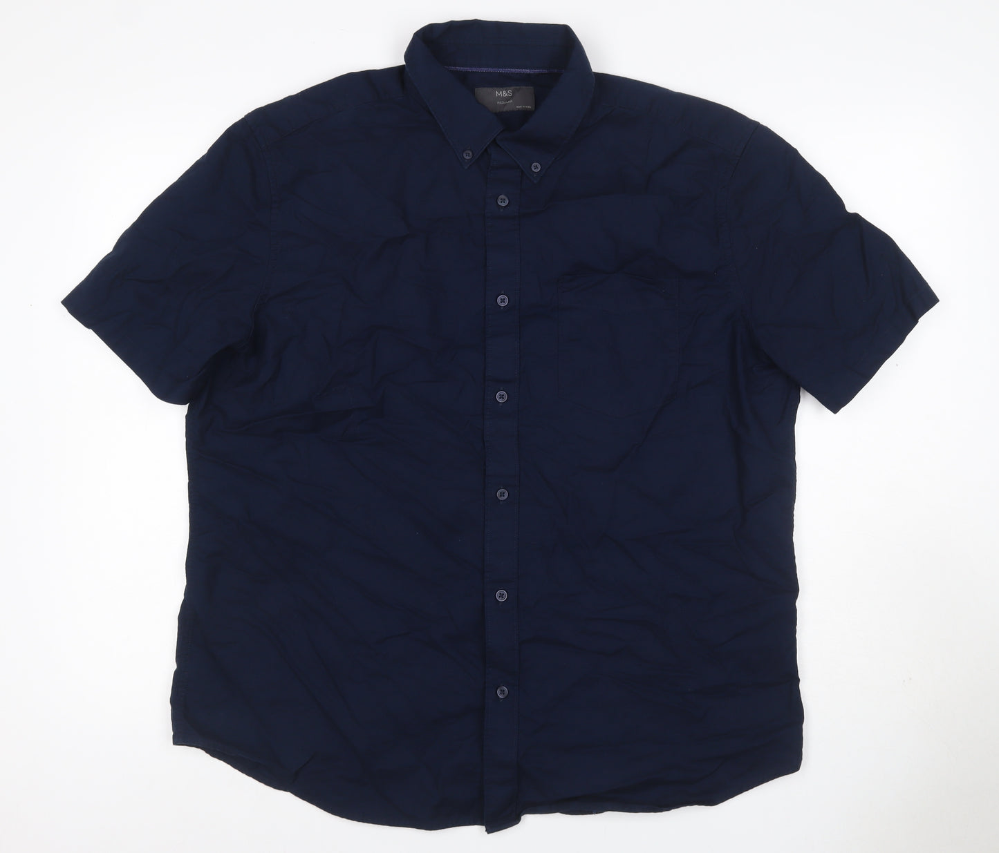 Marks and Spencer Men’s Navy Blue XL Regular Cotton Short Sleeve Shirt