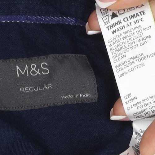 Marks and Spencer Men’s Navy Blue XL Regular Cotton Short Sleeve Shirt