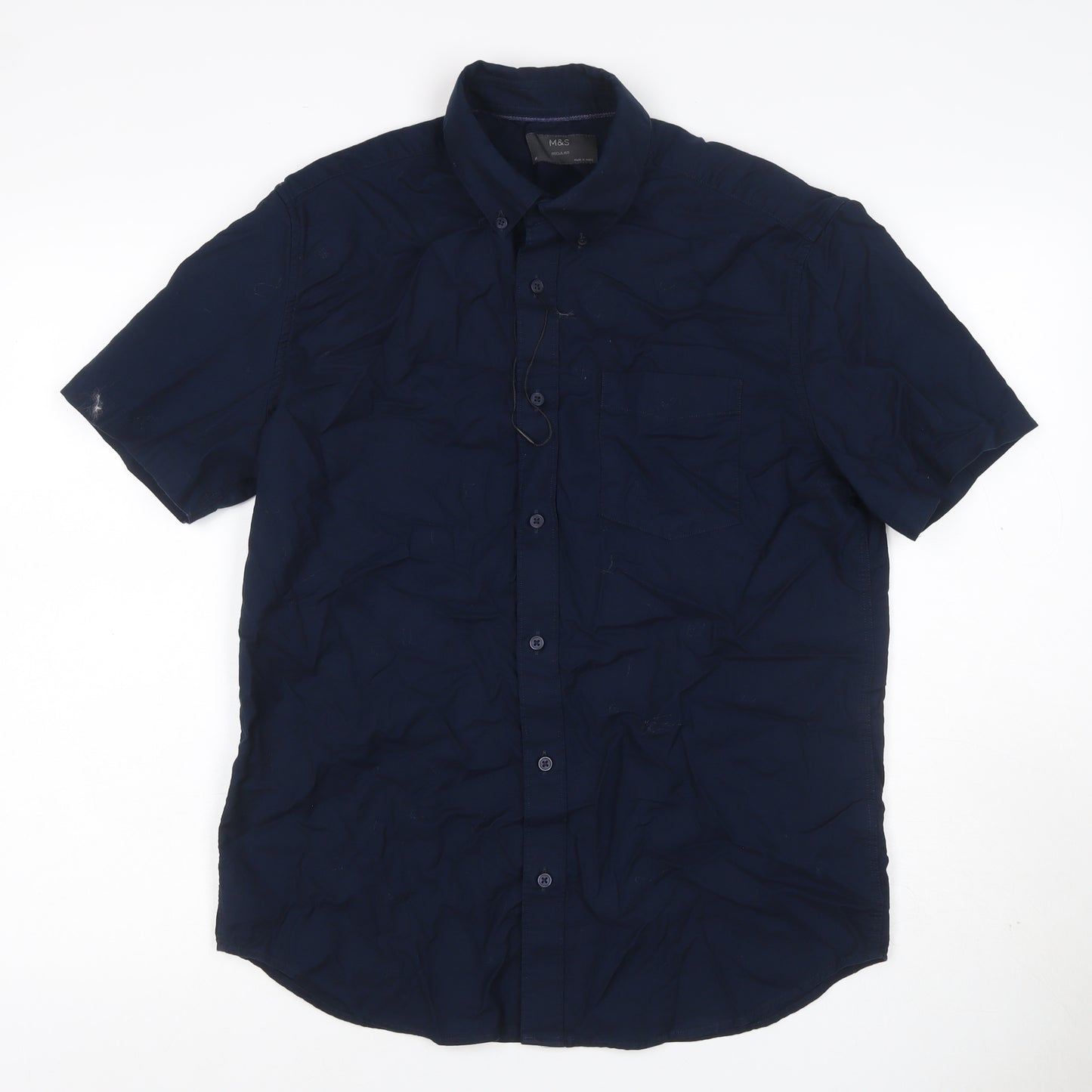 Marks and Spencer Men Navy M Regular Short Sleeve Button-Down Cotton Shirt