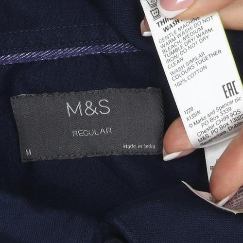 Marks and Spencer Men Navy M Regular Short Sleeve Button-Down Cotton Shirt