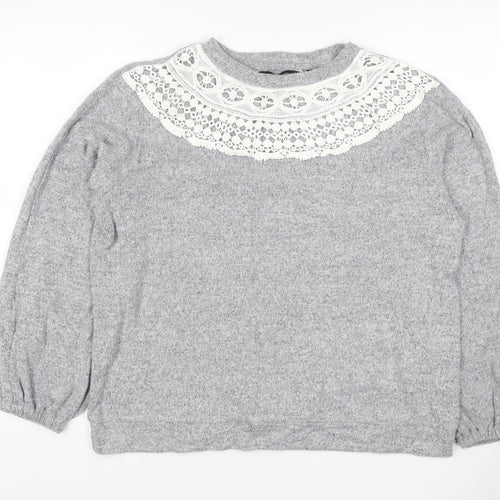 Dorothy Perkins Women Grey UK 14 Pullover Jumper Crochet Lace Balloon Sleeve