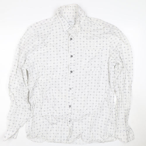 Next Men's White XL Geometric Print Long Sleeve Cotton Button-Up Shirt