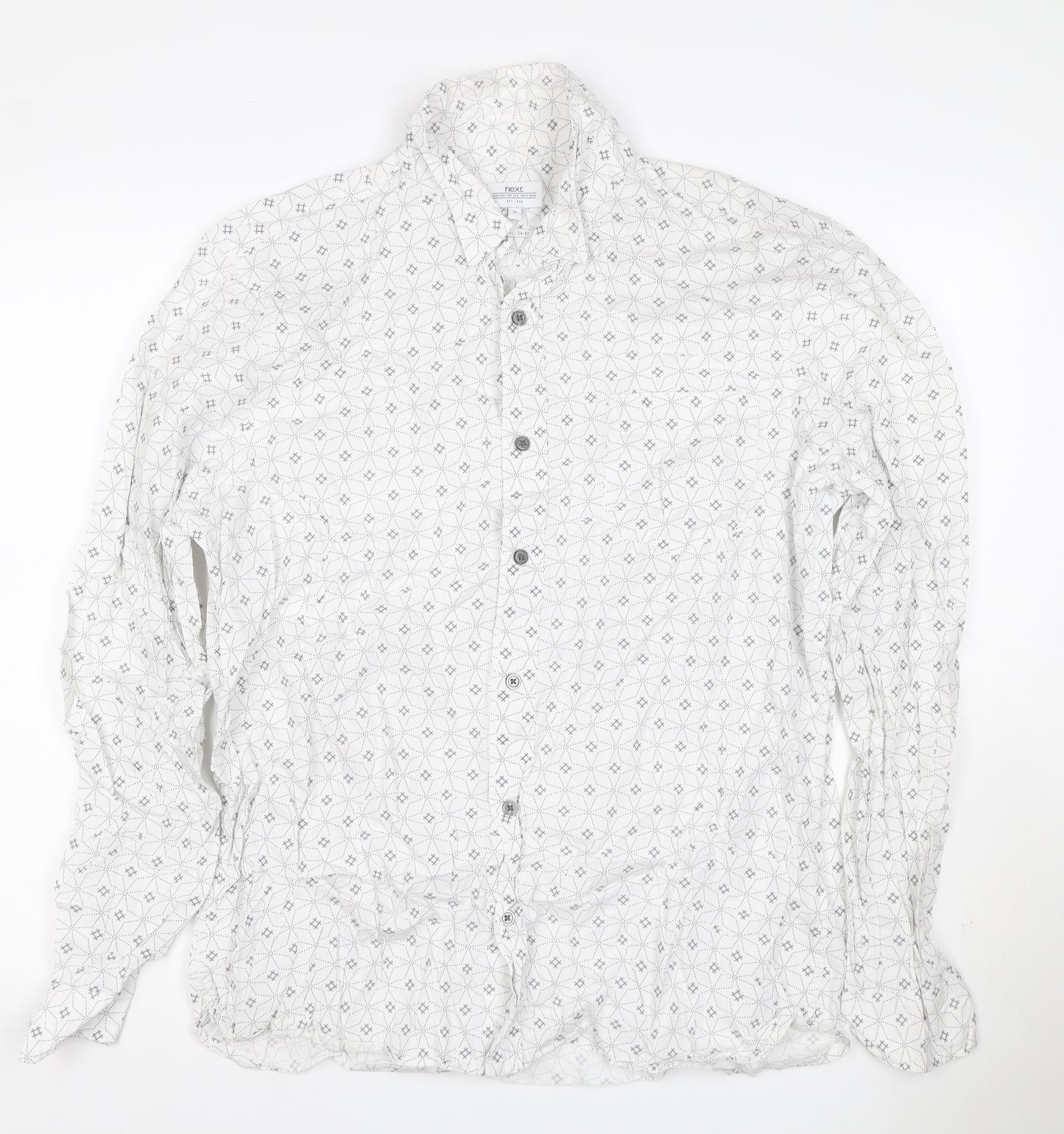 Next Men's White XL Geometric Print Long Sleeve Cotton Button-Up Shirt