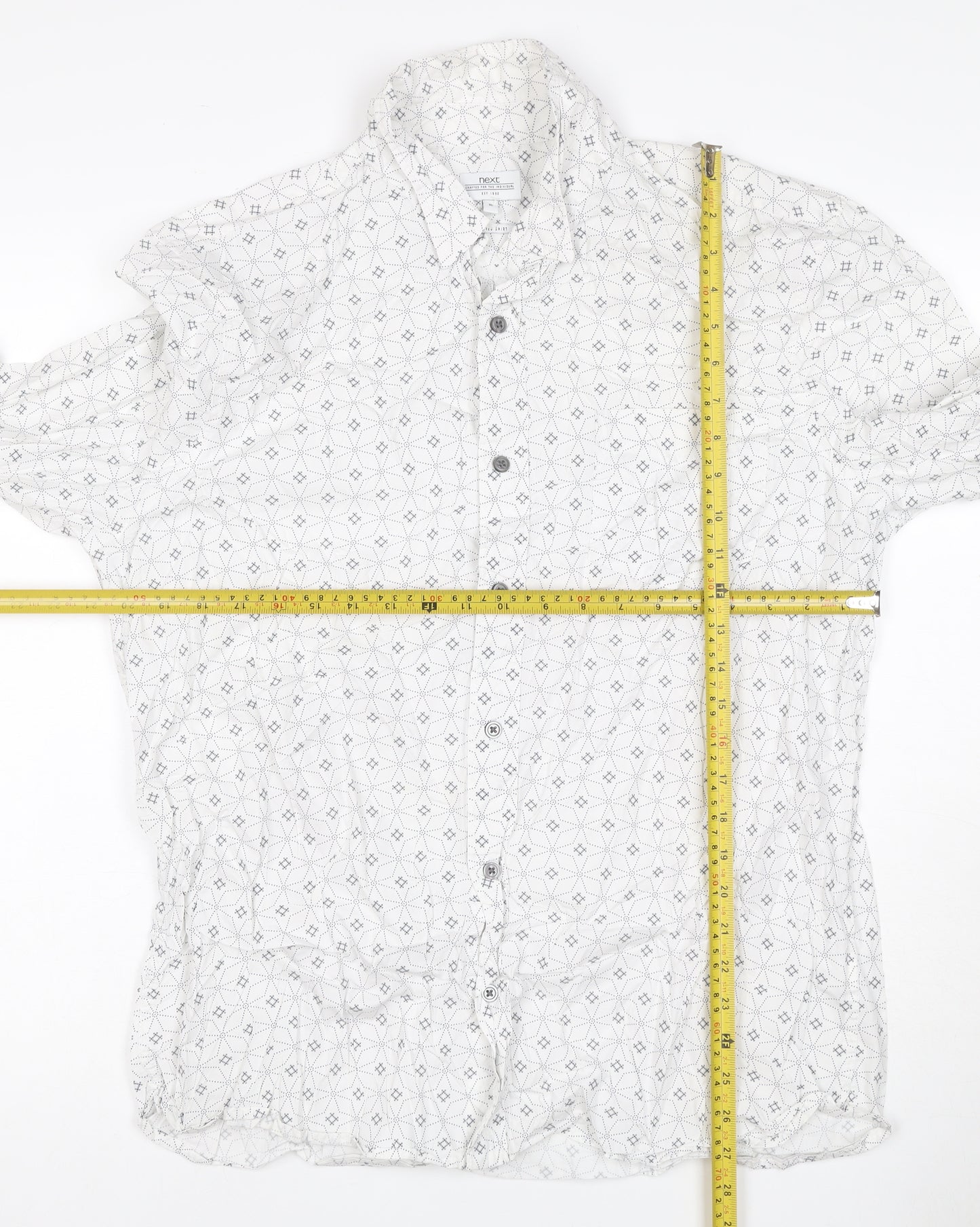 Next Men's White XL Geometric Print Long Sleeve Cotton Button-Up Shirt