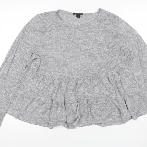 New Look Women Grey L Ruffle Hem Long Sleeve Jersey T-Shirt