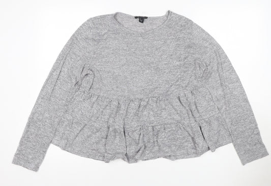 New Look Women Grey L Ruffle Hem Long Sleeve Jersey T-Shirt