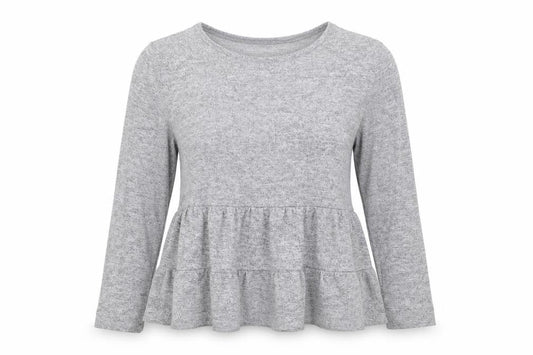 New Look Women Grey L Ruffle Hem Long Sleeve Jersey T-Shirt
