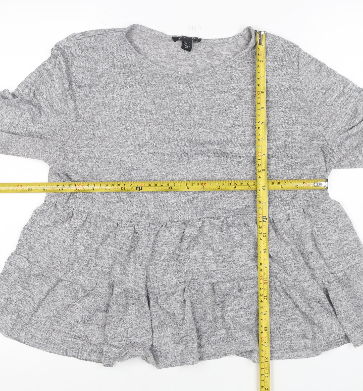 New Look Women Grey L Ruffle Hem Long Sleeve Jersey T-Shirt