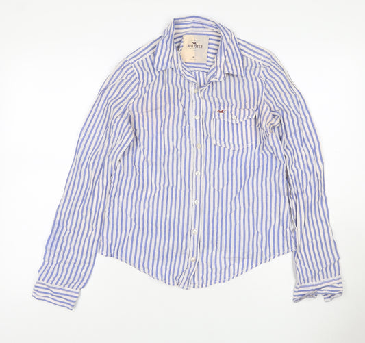 Hollister Women Blue Stripe Cotton Button-Up Shirt Size M Long Sleeve