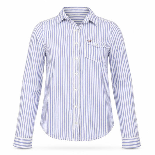 Hollister Women Blue Stripe Cotton Button-Up Shirt Size M Long Sleeve