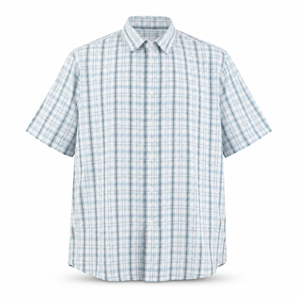 Front view of Taylor & Wright Men's Blue Check Short Sleeve Button-Up Shirt 2XL