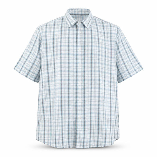 Front view of Taylor & Wright Men's Blue Check Short Sleeve Button-Up Shirt 2XL