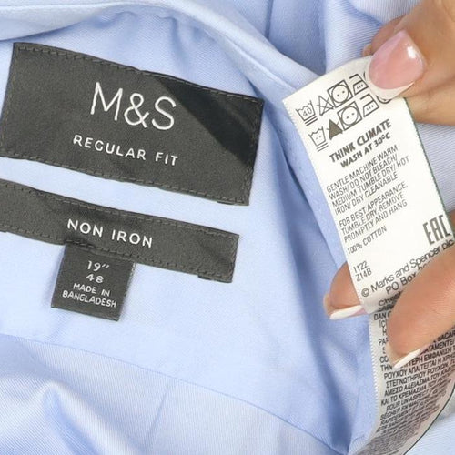 Marks & Spencer Men Blue 19 Regular Fit Non-Iron Cotton Shirt