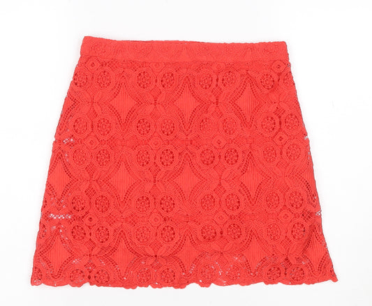 Hollister Women Red M Lace A-Line Mini Skirt Lined Zip Floral