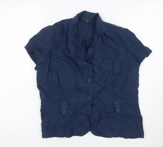 Ellie Louise Women Navy UK 14 Linen Blend Ruffle Button-Up Blouse