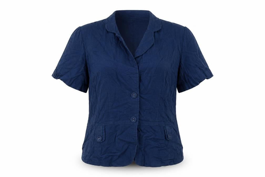 Ellie Louise Women Navy UK 14 Linen Blend Ruffle Button-Up Blouse