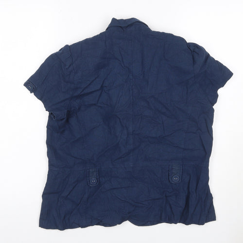 Ellie Louise Women Navy UK 14 Linen Blend Ruffle Button-Up Blouse