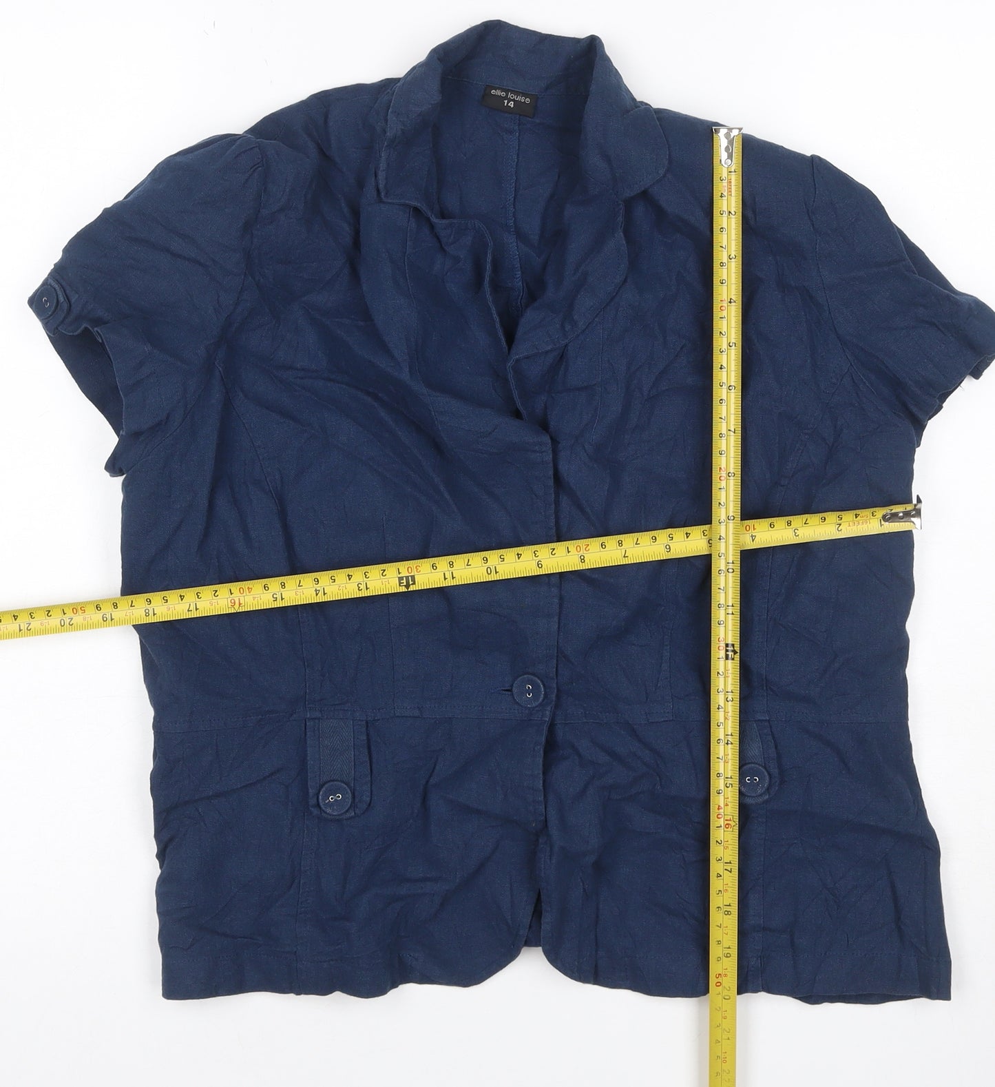 Ellie Louise Women Navy UK 14 Linen Blend Ruffle Button-Up Blouse