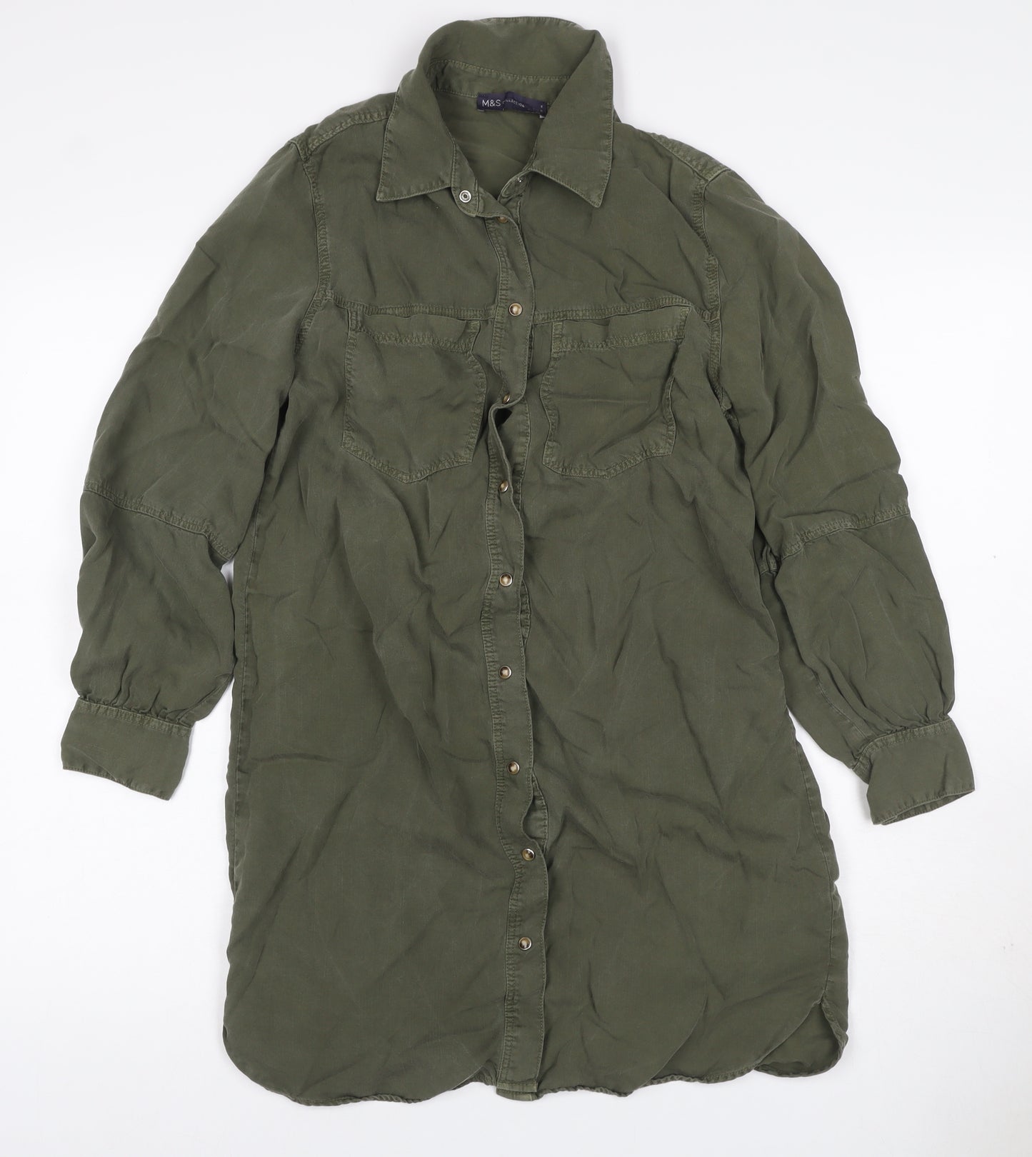 M&S Collection Women Green Size 8 Knee Length Belted Shirt Dress