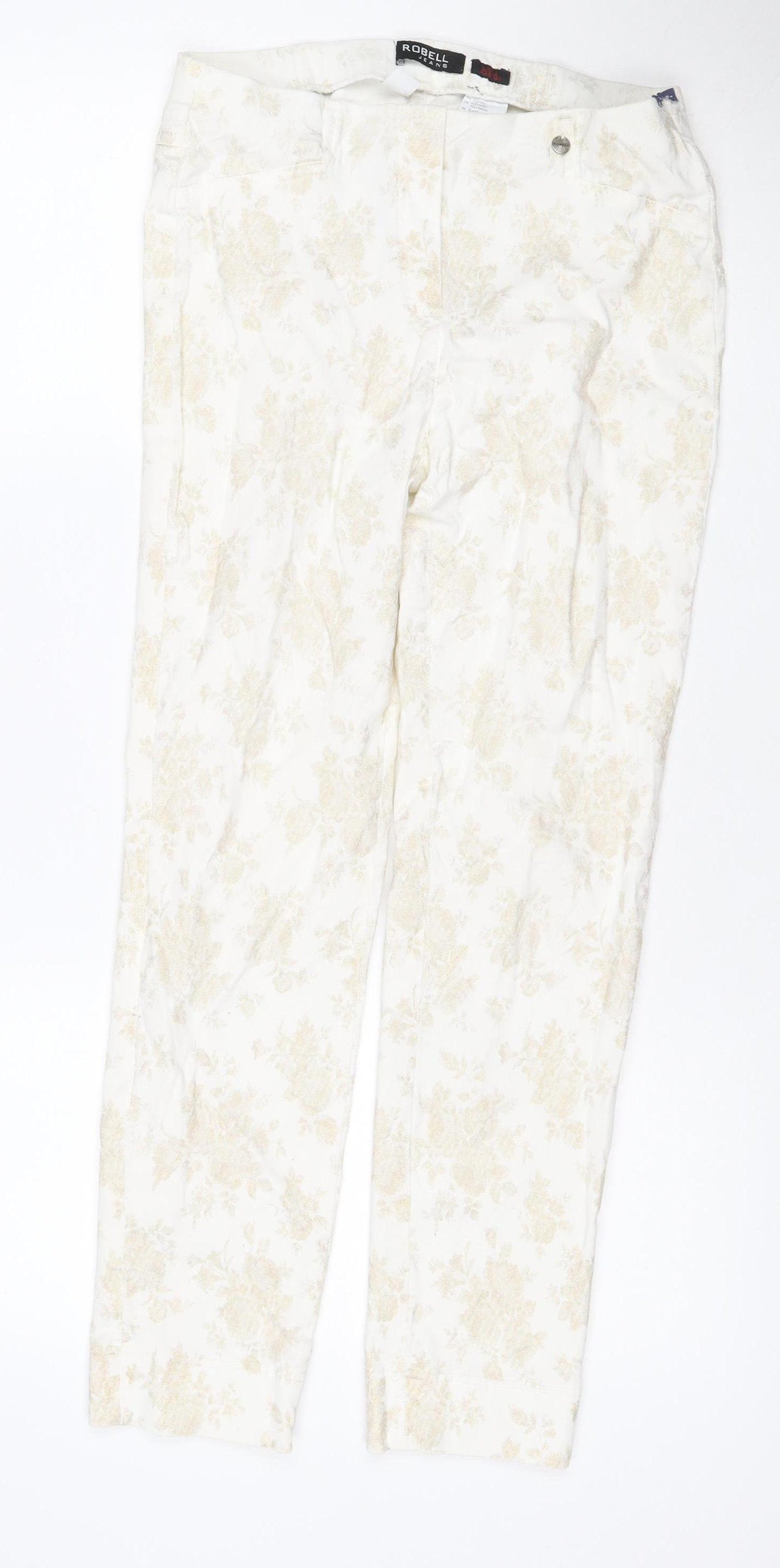 Robell Women’s Ivory Floral Stretch Trousers UK 10 Slim Straight Leg
