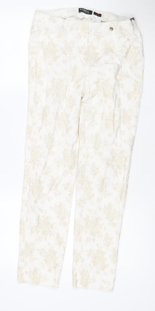 Robell Women’s Ivory Floral Stretch Trousers UK 10 Slim Straight Leg