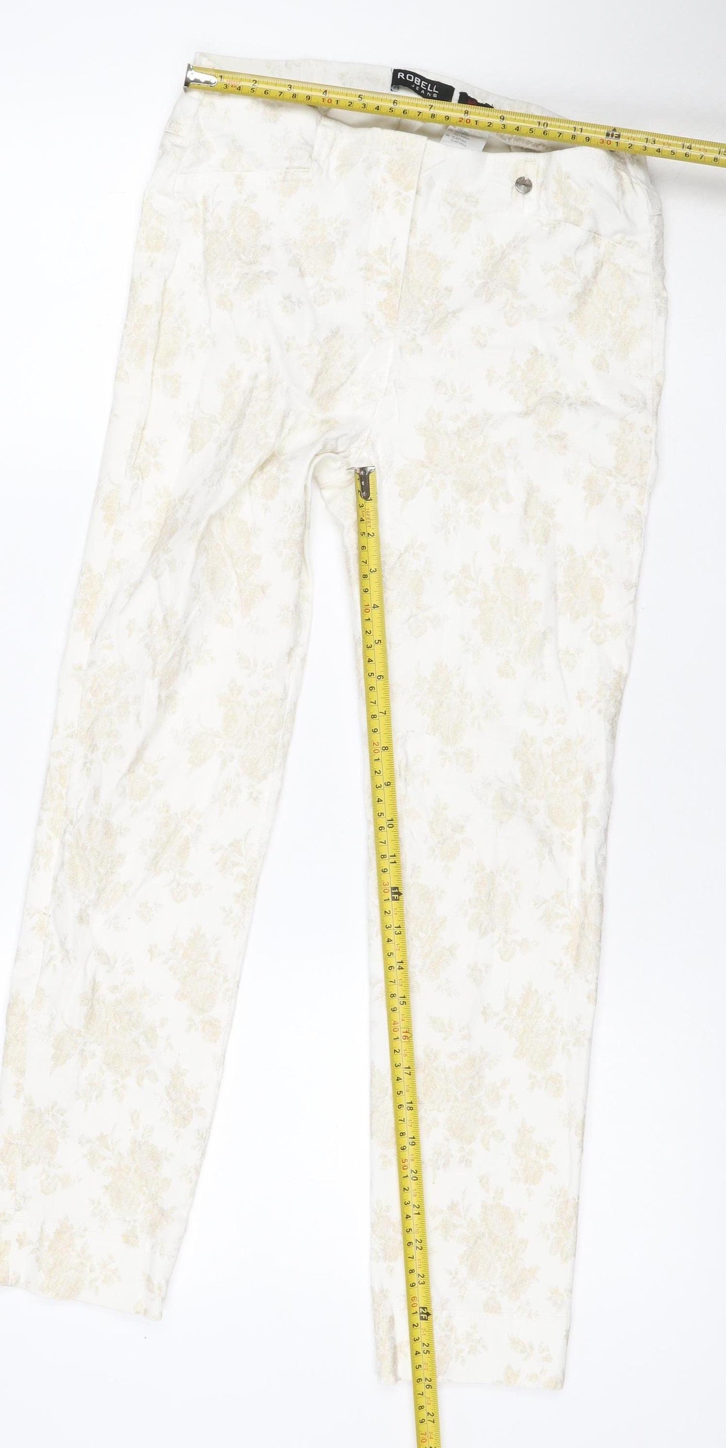 Robell Women’s Ivory Floral Stretch Trousers UK 10 Slim Straight Leg