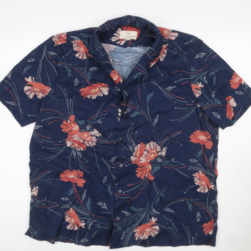 Marks & Spencer Men’s Blue Floral Cotton 2XL Regular Short Sleeve Shirt