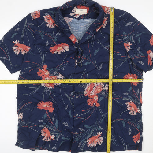 Marks & Spencer Men’s Blue Floral Cotton 2XL Regular Short Sleeve Shirt