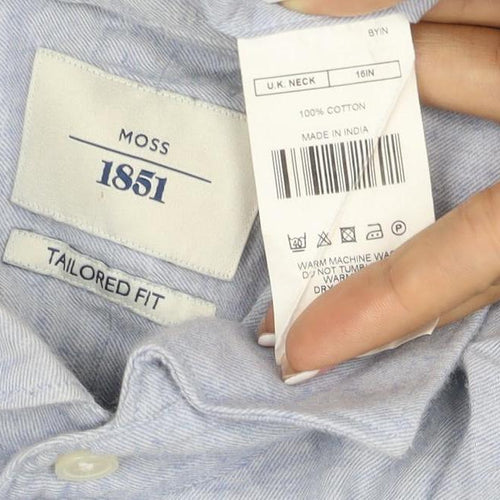 Moss 1851 Men’s Blue 16in Tailored Fit Cotton Long Sleeve Shirt