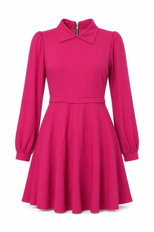 Front view of Lola's Women Pink M Skater Dress Long Balloon Sleeve Front Zip