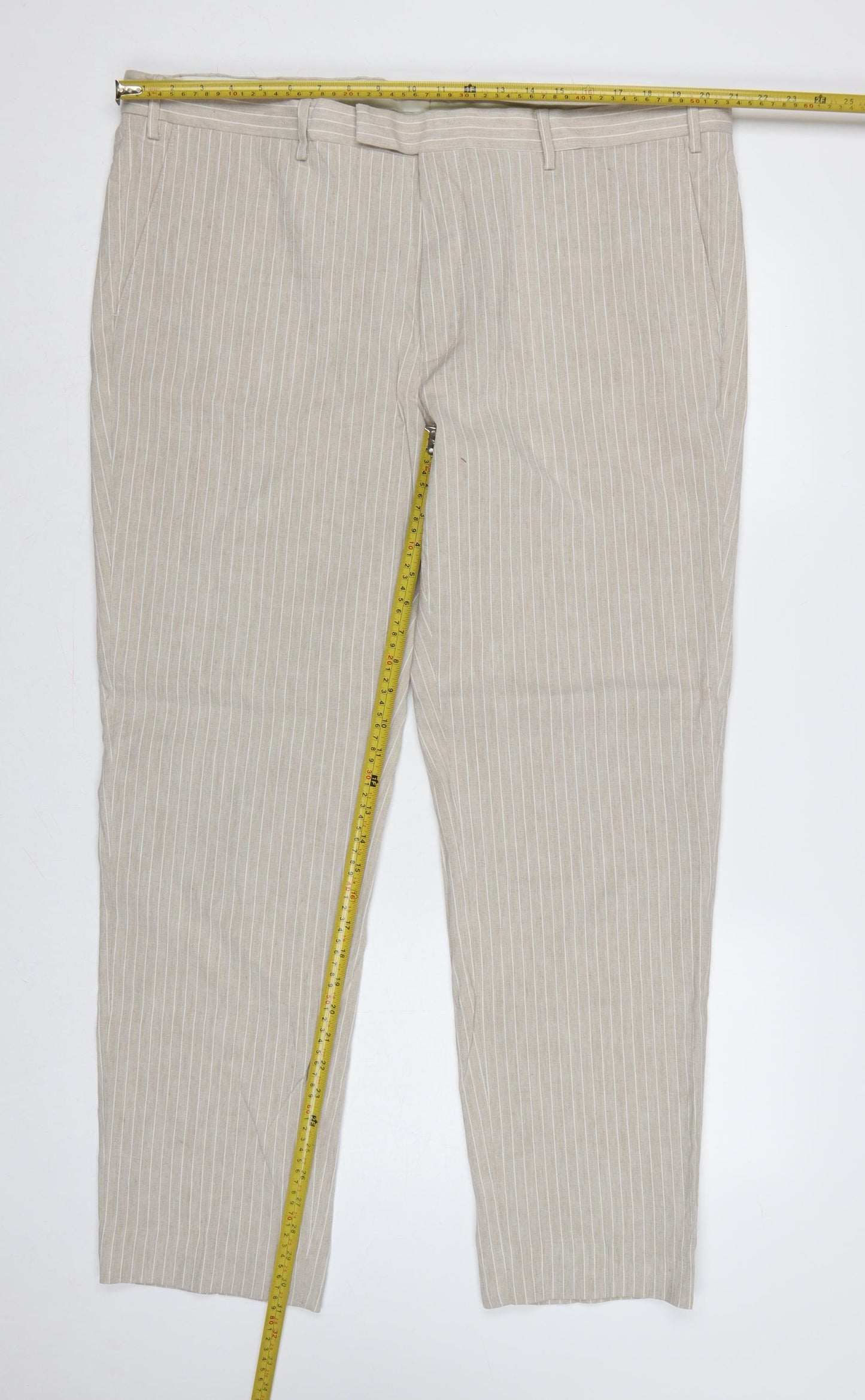 Marks & Spencer Men's Beige 42in Linen Stripe Tailored Dress Trousers