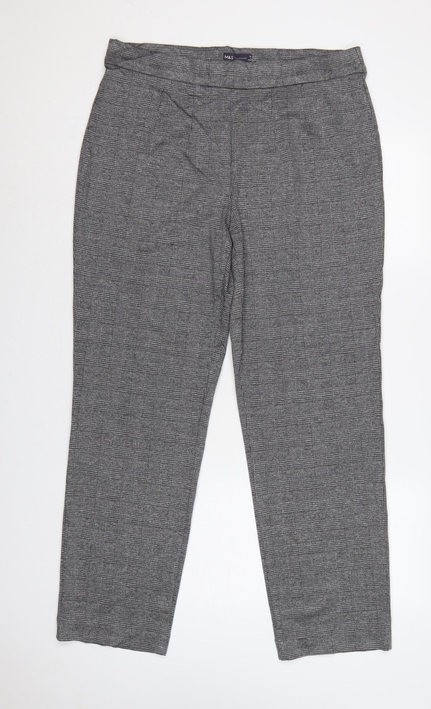 M&S Women’s Grey Check Tapered Stretch Trousers UK 16 Regular
