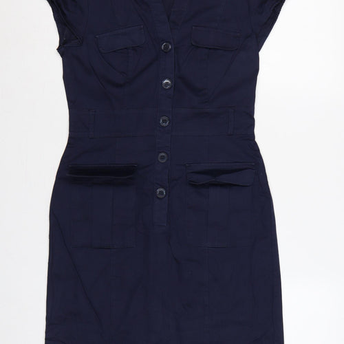 H&M Women Blue UK 8 Knee Length Shirt Dress Utility Button Cotton