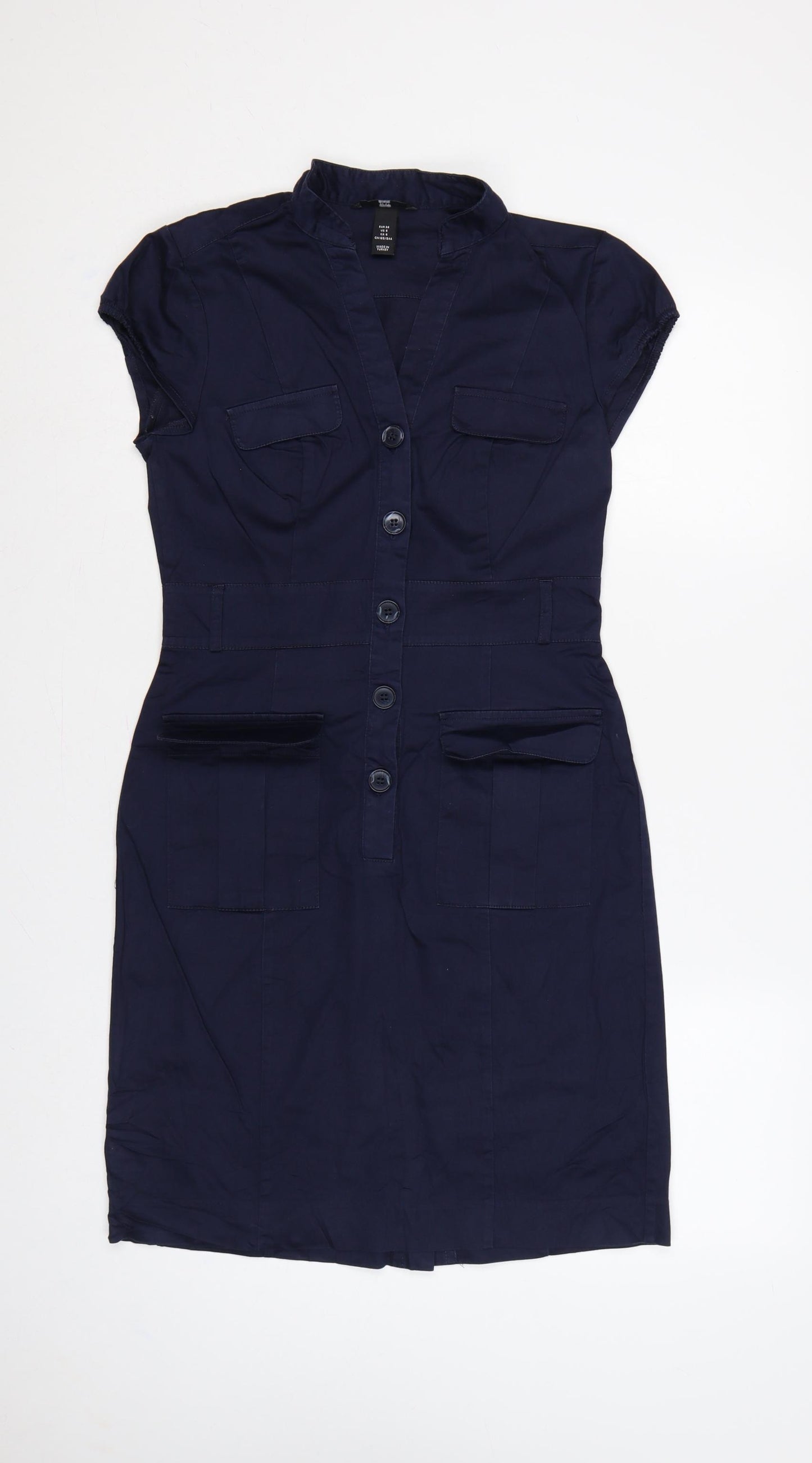 H&M Women Blue UK 8 Knee Length Shirt Dress Utility Button Cotton