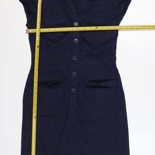 H&M Women Blue UK 8 Knee Length Shirt Dress Utility Button Cotton