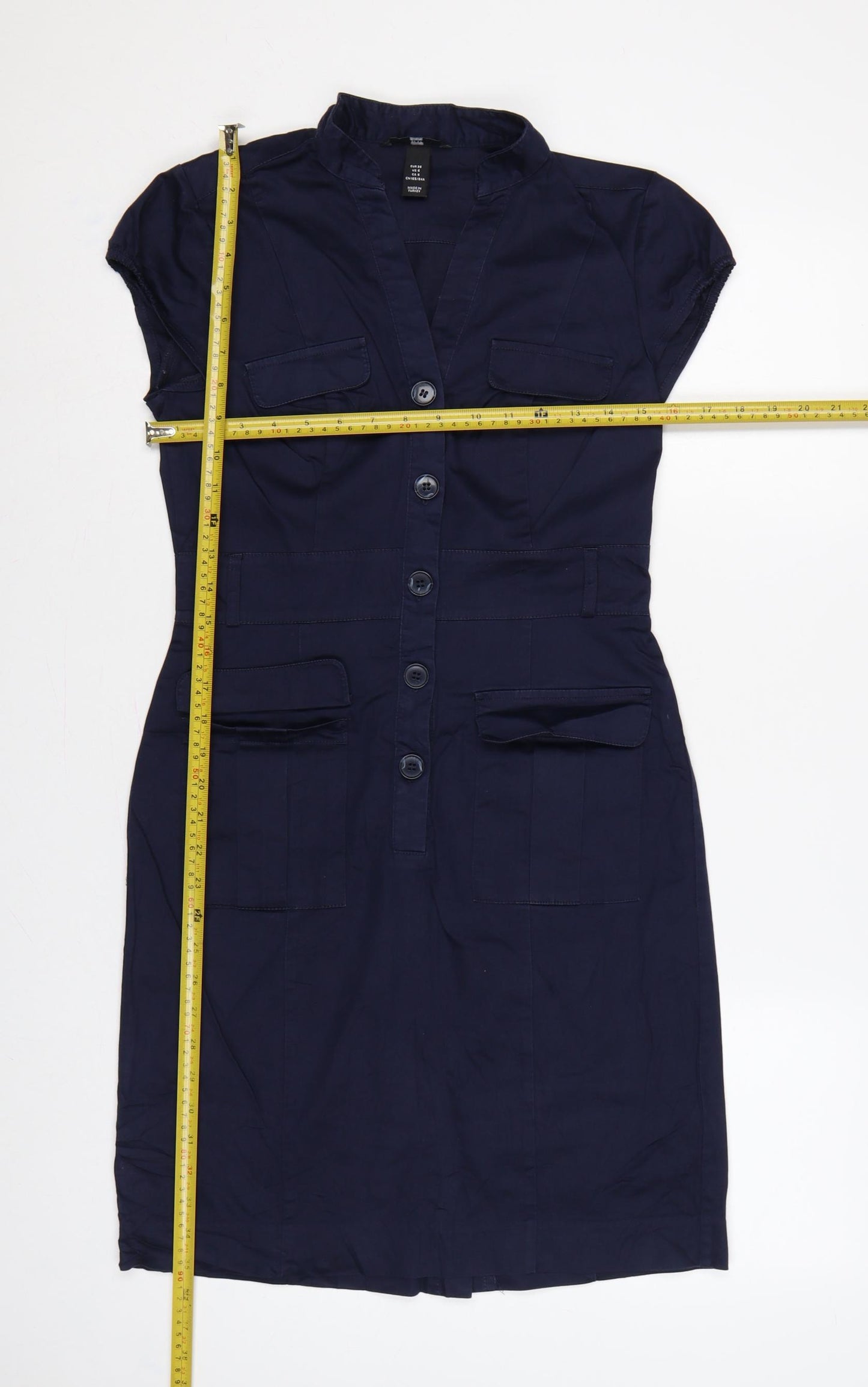 H&M Women Blue UK 8 Knee Length Shirt Dress Utility Button Cotton