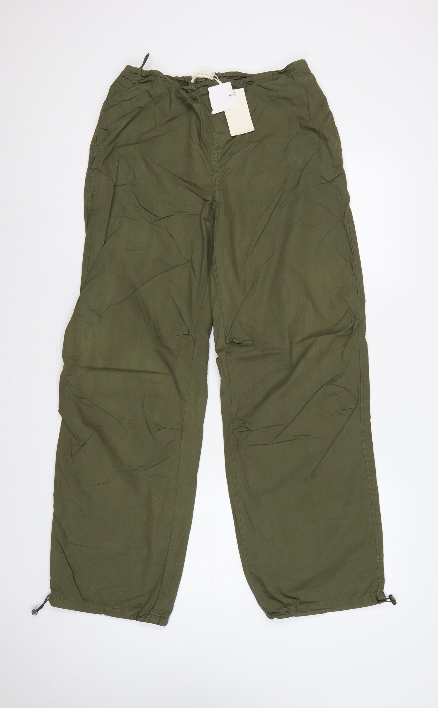 Stradivarius Women Green M Cotton Cargo Wide-Leg Drawstring Trousers