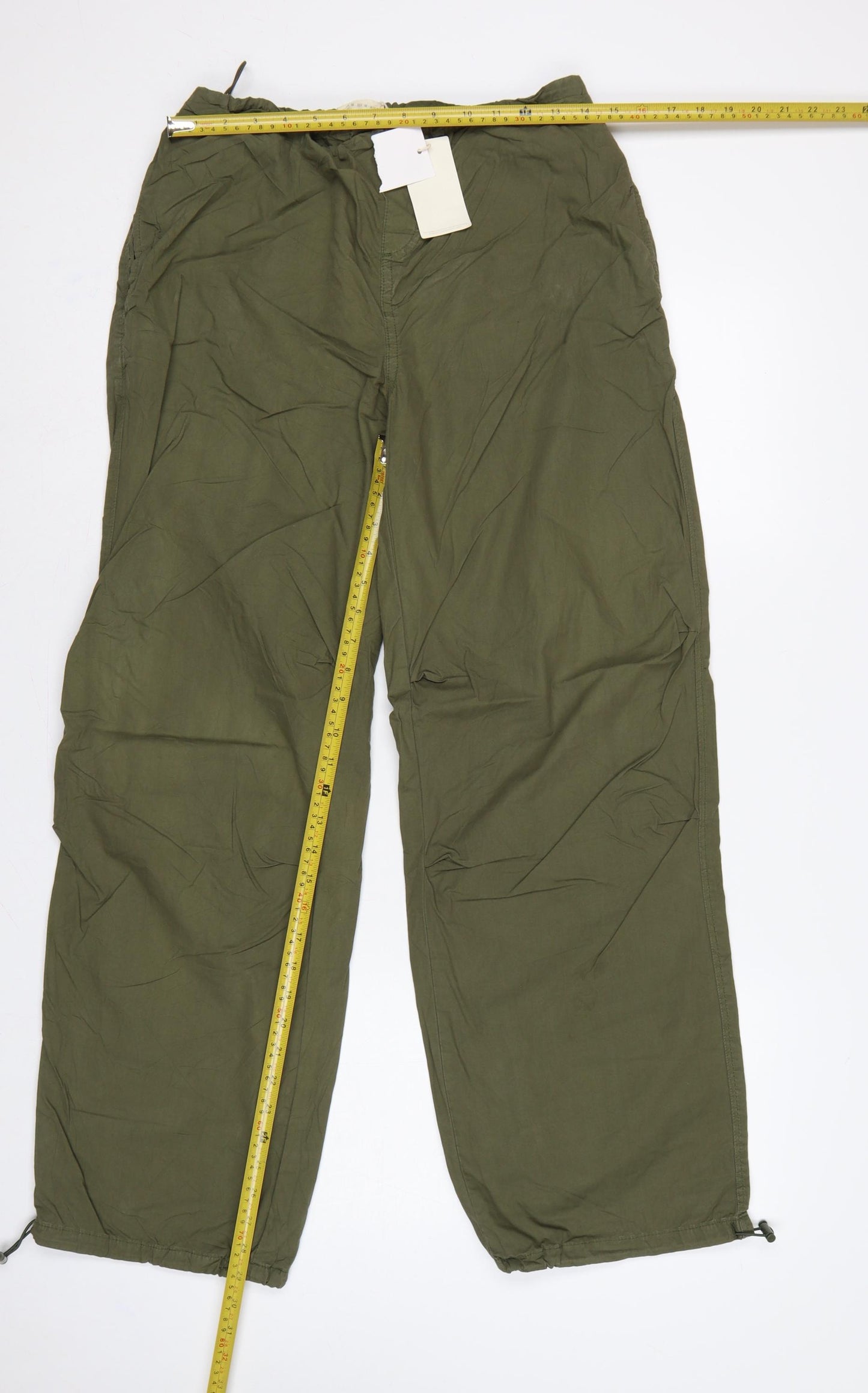 Stradivarius Women Green M Cotton Cargo Wide-Leg Drawstring Trousers