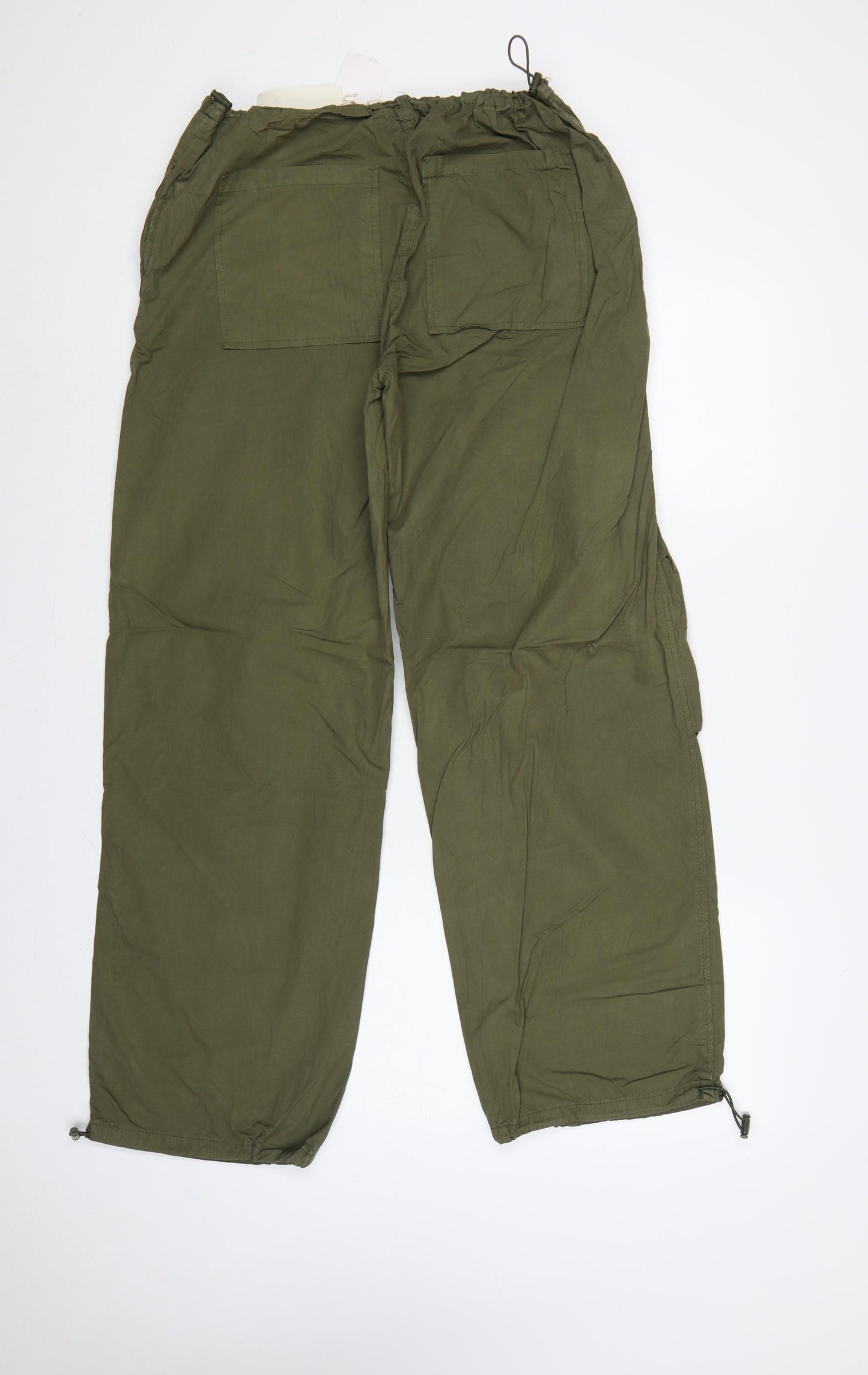 Stradivarius Women Green M Cotton Cargo Wide-Leg Drawstring Trousers