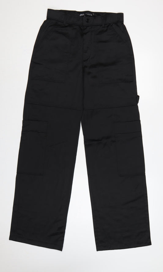 Zara Women Black M Cargo Straight Leg High Rise Trousers Pockets