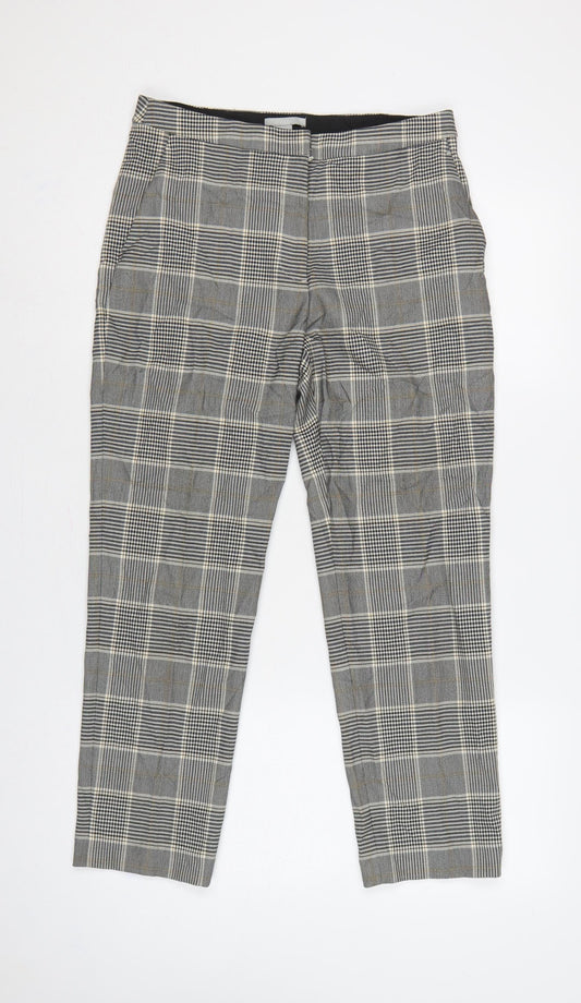 H&M Women Grey Check Tapered Dress Trousers UK 8 Stretch Pockets