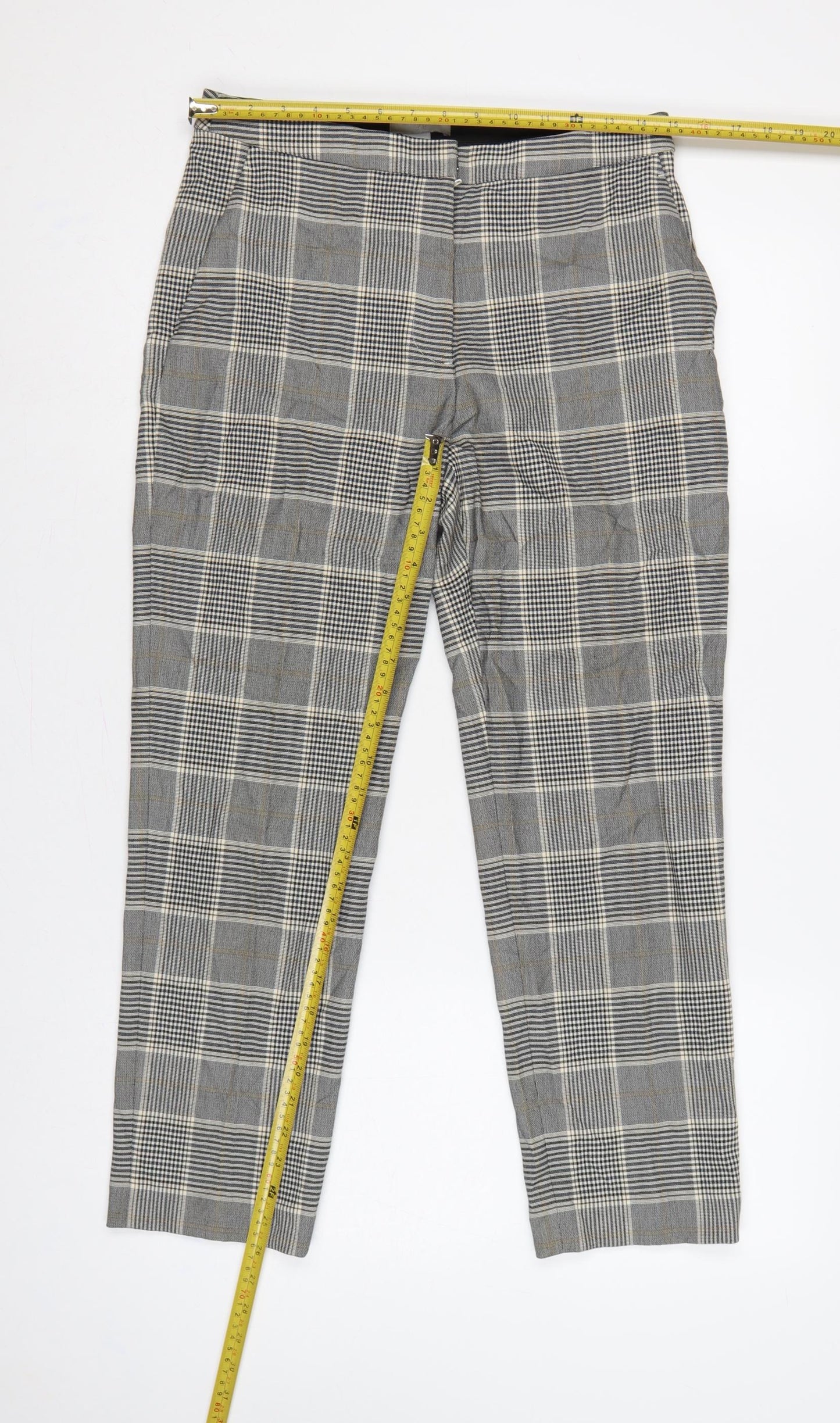 H&M Women Grey Check Tapered Dress Trousers UK 8 Stretch Pockets