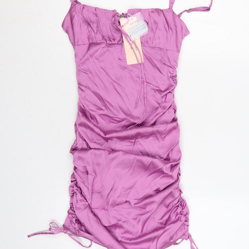 Oh Polly Women Purple UK 8 Bodycon Short Ruched Satin Party Dress