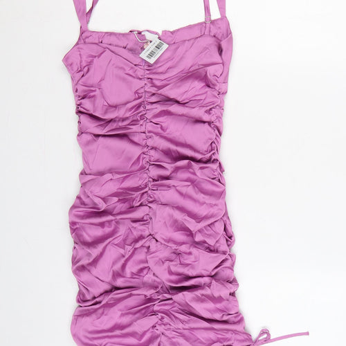Oh Polly Women Purple UK 8 Bodycon Short Ruched Satin Party Dress