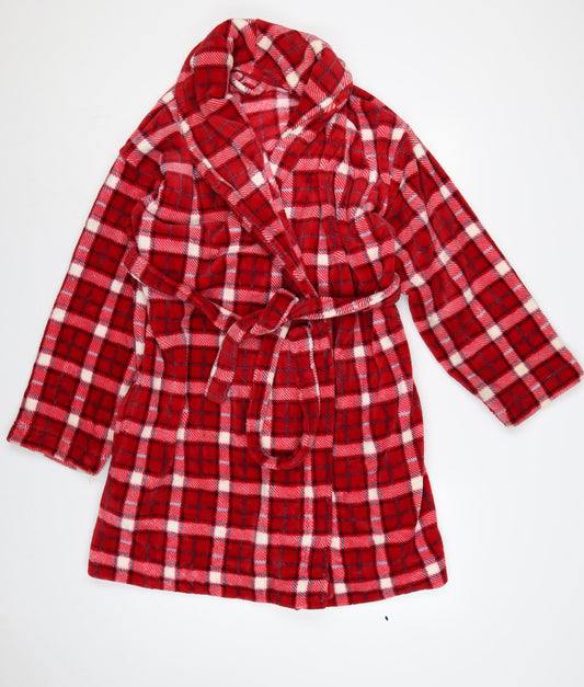 Front view of Marks & Spencer Women's Red 12-14 Check Fleece Belted Robe