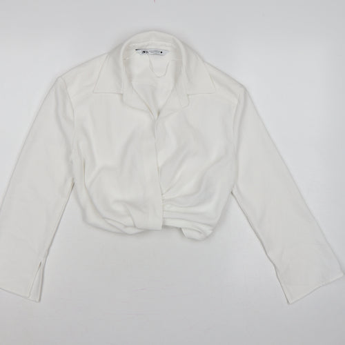 Zara Women's White XS Cropped Collared Long Sleeve Blouse
