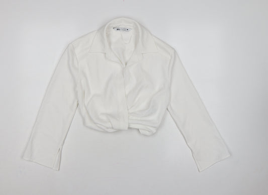 Zara Women's White XS Cropped Collared Long Sleeve Blouse