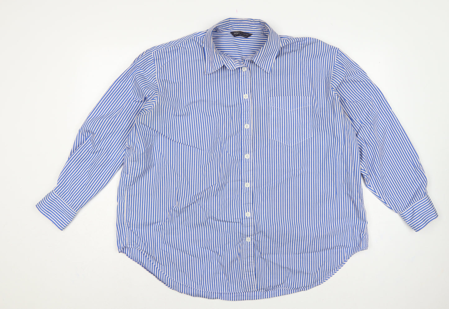 Marks & Spencer Women Blue White Stripe UK 18 Cotton Button-Up Shirt