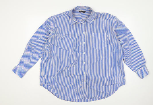 Marks & Spencer Women Blue White Stripe UK 18 Cotton Button-Up Shirt