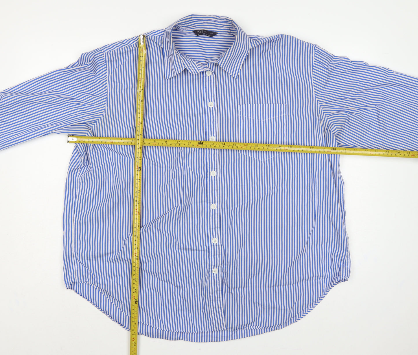 Marks & Spencer Women Blue White Stripe UK 18 Cotton Button-Up Shirt